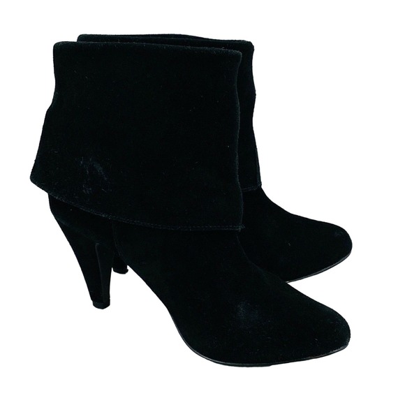 Womens 7.5 Steve Madden‎ Jinnie Ankle Boots Black Suede Leather Cuff 3" Heels - Picture 1 of 12